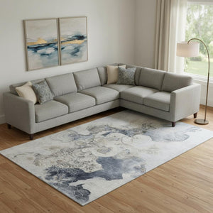 HomeRoots 9' X 12' Gray And Blue Abstract Washable Area Rug – Durable, UV-Protected, Kid & Pet-Friendly Design 706102