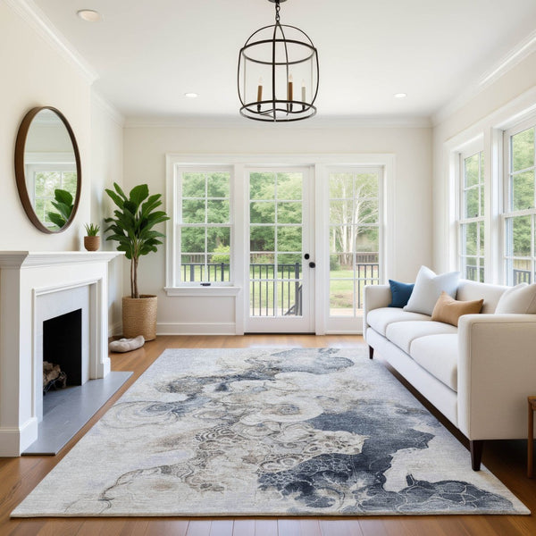 HomeRoots 10' Gray and Blue Abstract Washable Area Rug - Durable, UV-Protected, Perfect for Family Spaces! 706103