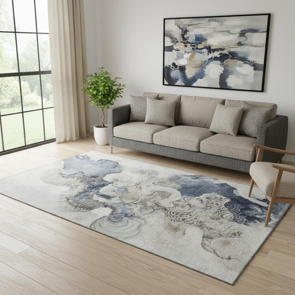 HomeRoots 5' X 8' Ivory And Blue Abstract Washable Area Rug - UV Protected, Stain-Resistant, Modern Comfort 706105