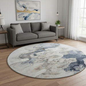HomeRoots 8' Ivory and Blue Abstract Round Rug - Washable, UV Protected, Non-Slip, Perfect for High-Traffic Areas 706106