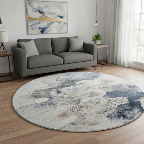 HomeRoots 8' Ivory and Blue Abstract Round Rug - Washable, UV Protected, Non-Slip, Perfect for High-Traffic Areas 706106