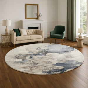 HomeRoots 8' Ivory and Blue Abstract Round Rug - Washable, UV Protected, Non-Slip, Perfect for High-Traffic Areas 706106