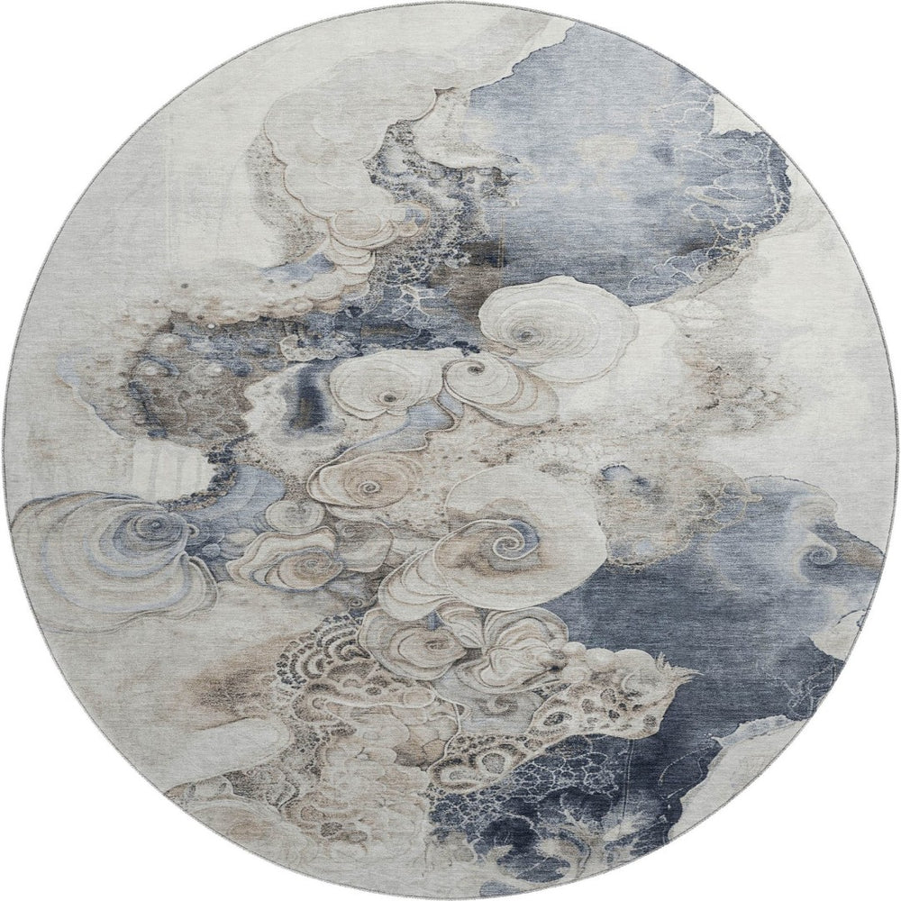 HomeRoots 8' Ivory and Blue Abstract Round Rug - Washable, UV Protected, Non-Slip, Perfect for High-Traffic Areas 706106