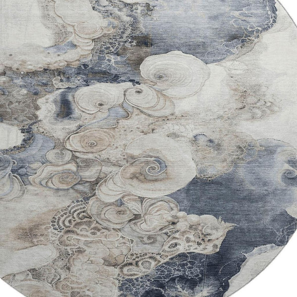HomeRoots 8' Ivory and Blue Abstract Round Rug - Washable, UV Protected, Non-Slip, Perfect for High-Traffic Areas 706106
