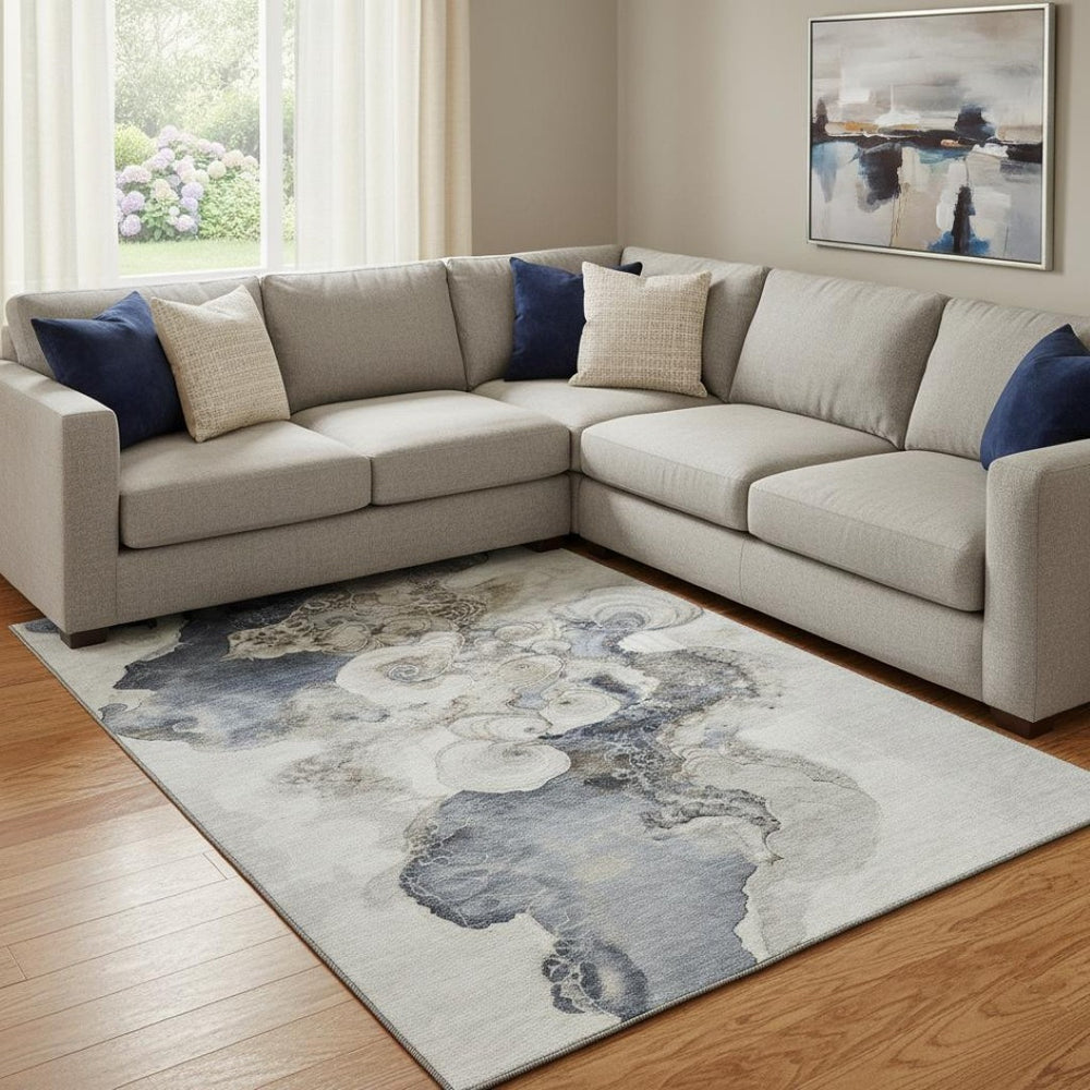 HomeRoots 8' X 10' Ivory and Blue Abstract Area Rug - Washable, UV Protected, Stylish & Durable for Every Home 706107