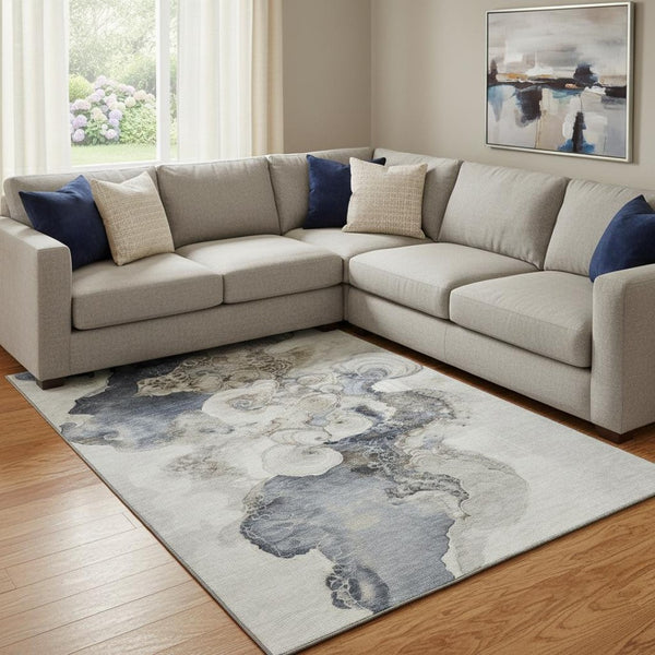 HomeRoots 8' X 10' Ivory and Blue Abstract Area Rug - Washable, UV Protected, Stylish & Durable for Every Home 706107