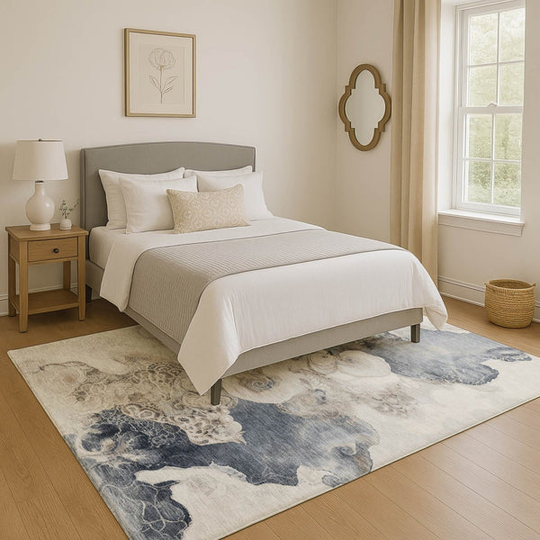 HomeRoots 10' X 14' Ivory and Blue Abstract Area Rug - Stylish, Washable, UV-Protected for High-Traffic Homes 706109