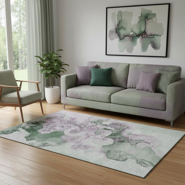 HomeRoots 5' X 8' Modern Abstract Sage & Lavender Area Rug - Washable, UV Protected, Pet-Friendly Design 706111