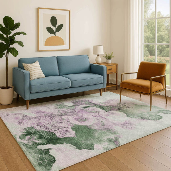 HomeRoots 5' X 8' Modern Abstract Sage & Lavender Area Rug - Washable, UV Protected, Pet-Friendly Design 706111
