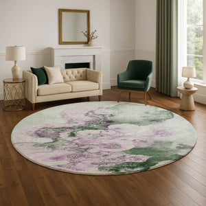 HomeRoots 8' Sage and Lavender Abstract Round Rug - Washable, UV-Protected, Durable for Stylish Living Spaces 706112