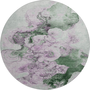 HomeRoots 8' Sage and Lavender Abstract Round Rug - Washable, UV-Protected, Durable for Stylish Living Spaces 706112