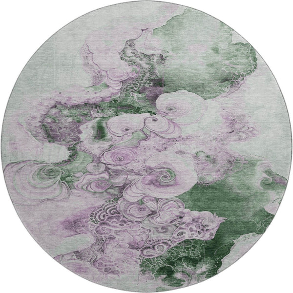 HomeRoots 8' Sage and Lavender Abstract Round Rug - Washable, UV-Protected, Durable for Stylish Living Spaces 706112