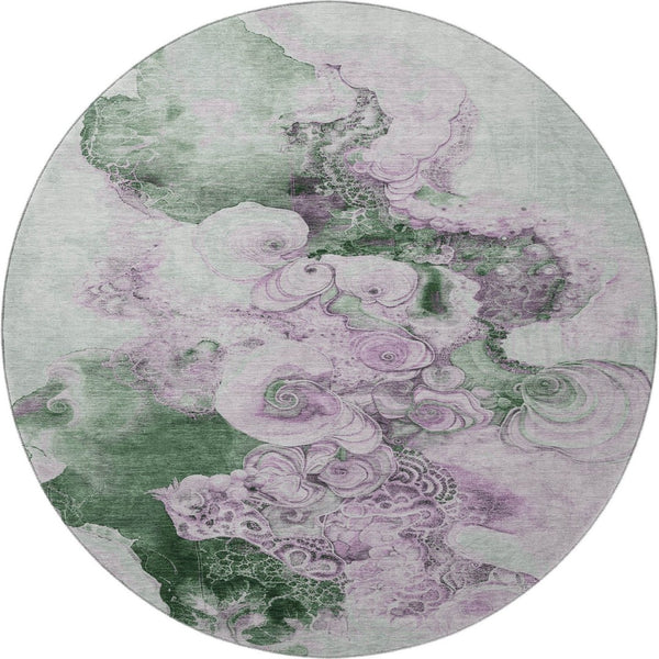 HomeRoots 8' Sage and Lavender Abstract Round Rug - Washable, UV-Protected, Durable for Stylish Living Spaces 706112