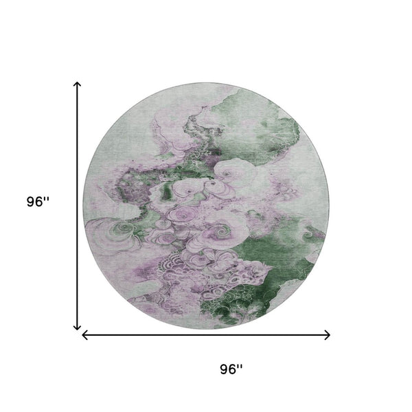 HomeRoots 8' Sage and Lavender Abstract Round Rug - Washable, UV-Protected, Durable for Stylish Living Spaces 706112