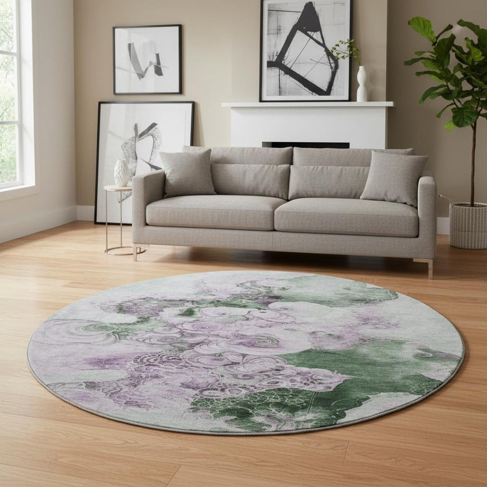 HomeRoots 8' Sage and Lavender Abstract Round Rug - Washable, UV-Protected, Durable for Stylish Living Spaces 706112