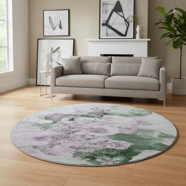 HomeRoots 8' Sage and Lavender Abstract Round Rug - Washable, UV-Protected, Durable for Stylish Living Spaces 706112