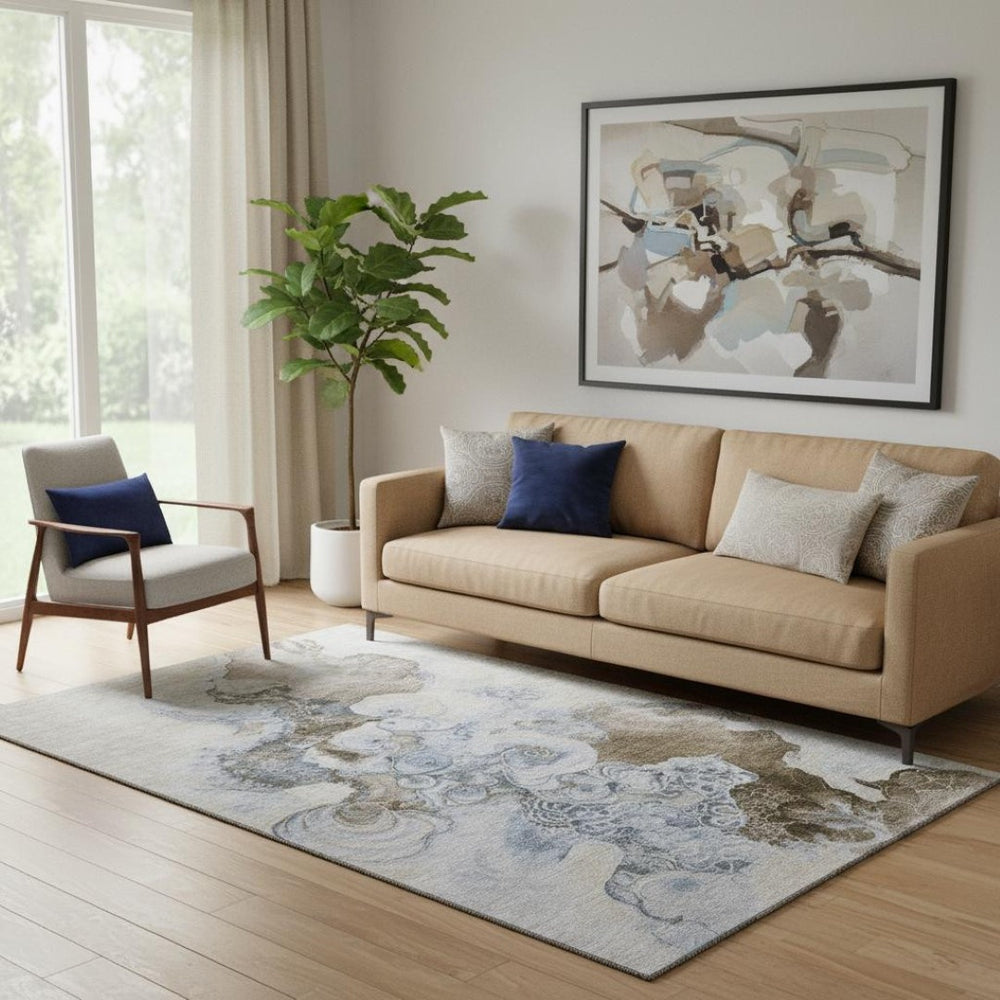 HomeRoots 5' X 8' Abstract Taupe Blue Ivory Area Rug – Stylish, Washable, UV-Protected, Stain-Resistant Design 706117