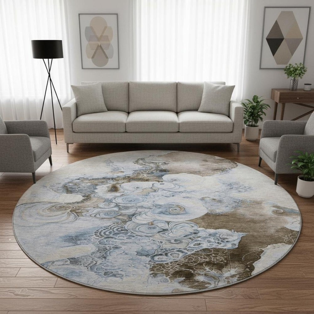 HomeRoots 8' Taupe Blue & Ivory Abstract Washable Round Rug with UV Protection - Durable, Stylish & Easy Care! 706118