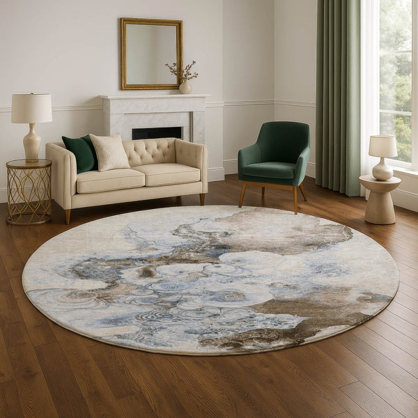 HomeRoots 8' Taupe Blue & Ivory Abstract Washable Round Rug with UV Protection - Durable, Stylish & Easy Care! 706118