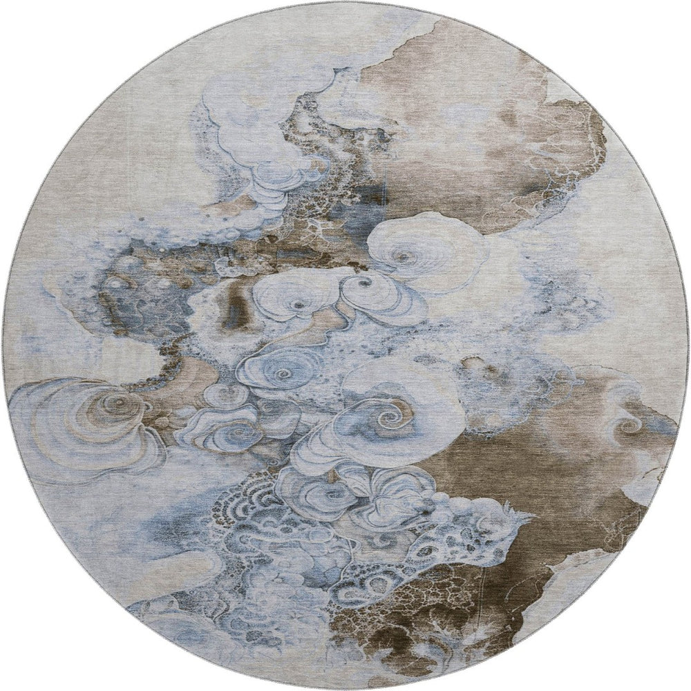 HomeRoots 8' Taupe Blue & Ivory Abstract Washable Round Rug with UV Protection - Durable, Stylish & Easy Care! 706118