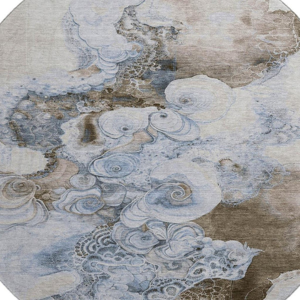 HomeRoots 8' Taupe Blue & Ivory Abstract Washable Round Rug with UV Protection - Durable, Stylish & Easy Care! 706118
