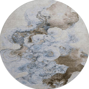 HomeRoots 8' Taupe Blue & Ivory Abstract Washable Round Rug with UV Protection - Durable, Stylish & Easy Care! 706118