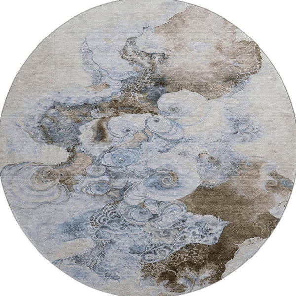 HomeRoots 8' Taupe Blue & Ivory Abstract Washable Round Rug with UV Protection - Durable, Stylish & Easy Care! 706118