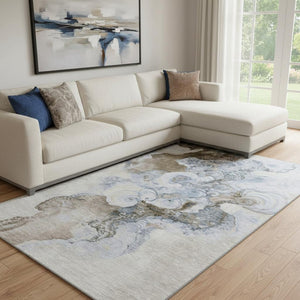 HomeRoots 8' X 10' Abstract Washable Area Rug in Taupe, Blue & Ivory - Stain-Resistant, UV Protected Comfort 706119
