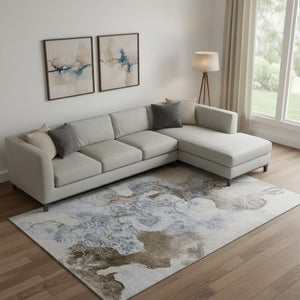 HomeRoots 9' X 12' Taupe Blue Ivory Abstract Area Rug - Washable, UV-Protected, Stylish for Indoor & Outdoor Use 706120