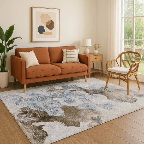 HomeRoots 9' X 12' Taupe Blue Ivory Abstract Area Rug - Washable, UV-Protected, Stylish for Indoor & Outdoor Use 706120