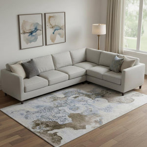 HomeRoots 10' X 14' Washable Taupe Blue Ivory Area Rug - Stylish, Durable, UV-Protected for High-Traffic Spaces 706121
