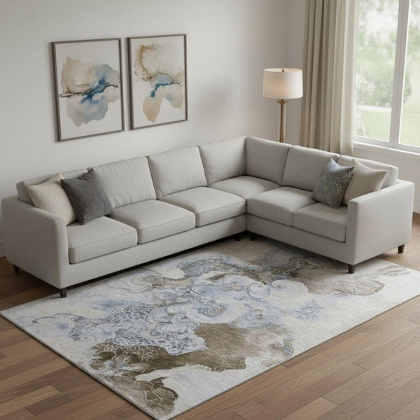 HomeRoots 10' X 14' Washable Taupe Blue Ivory Area Rug - Stylish, Durable, UV-Protected for High-Traffic Spaces 706121