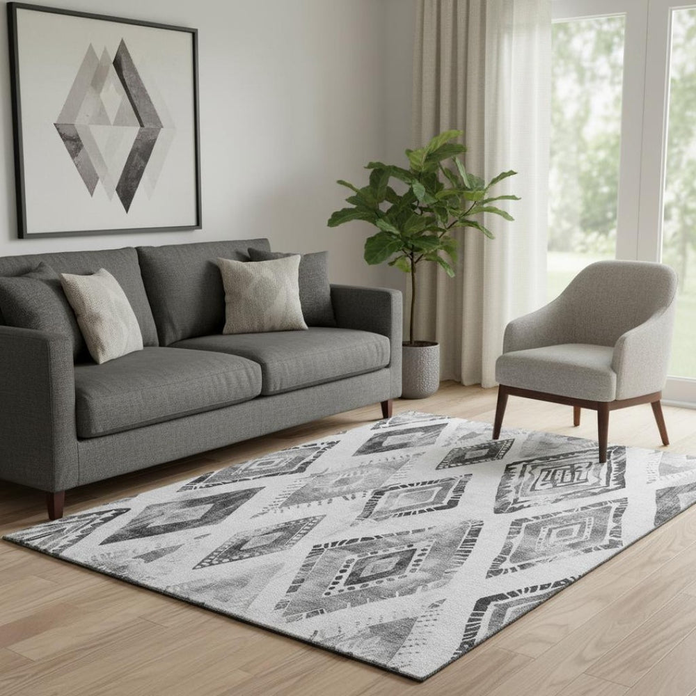 HomeRoots 5' X 8' Gray and Silver Geometric Area Rug - Stylish, Washable, Stain-Resistant, and UV Protected! 706123