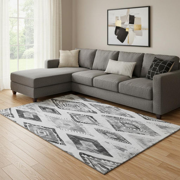 HomeRoots 8' X 10' Gray and Silver Geometric Area Rug – Washable, UV Protected, Stylish and Durable Design 706125