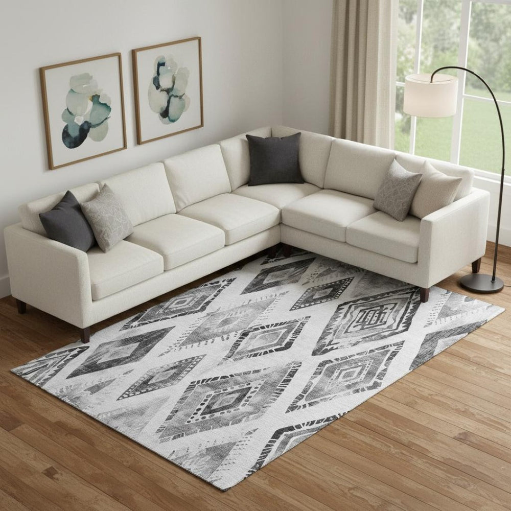 HomeRoots 9' X 12' Gray and Silver Geometric Washable Area Rug - Durable, UV-Protected Style for Any Home 706126