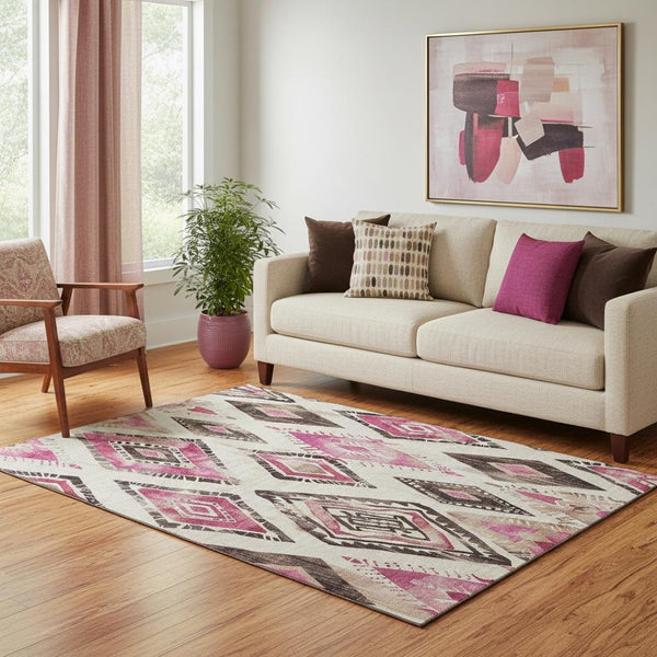 HomeRoots 5' X 8' Stylish Pink and Ivory Geometric Washable Area Rug with UV Protection for Modern Living Spaces 706129