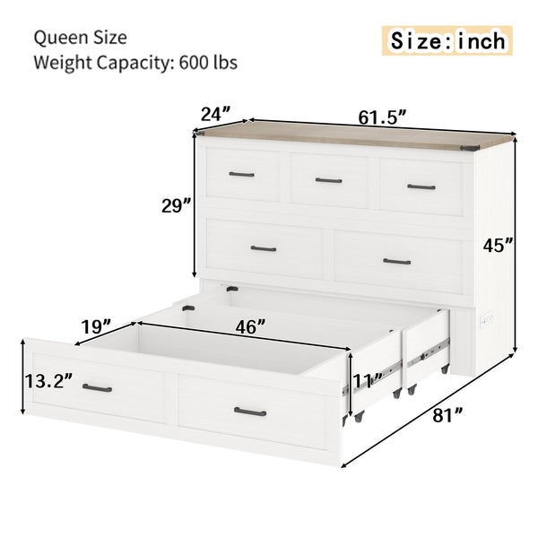 English Elm Murphy Full-Size Cabinet Bed with Built-In Charging Station, Storage Drawer & 700lb Capacity Comfort White 57.25 L x 27 W x 6 H N733S293997W