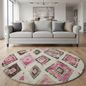 HomeRoots 8' Linen Pink and Ivory Geometric Washable Round Rug with UV Protection for Busy Homes and Kids 706130