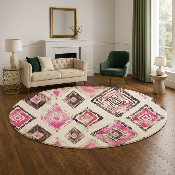 HomeRoots 8' Linen Pink and Ivory Geometric Washable Round Rug with UV Protection for Busy Homes and Kids 706130