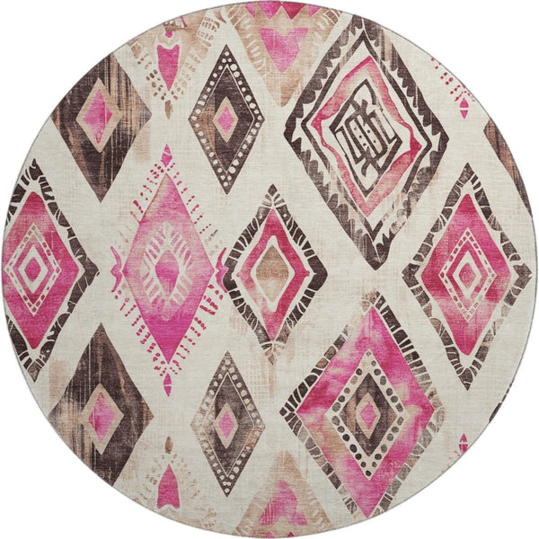 HomeRoots 8' Linen Pink and Ivory Geometric Washable Round Rug with UV Protection for Busy Homes and Kids 706130