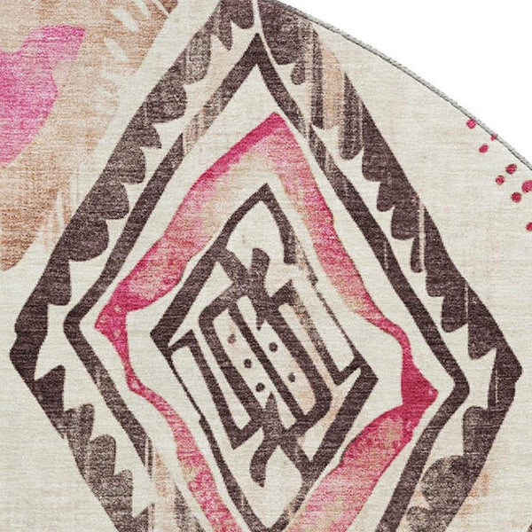 HomeRoots 8' Linen Pink and Ivory Geometric Washable Round Rug with UV Protection for Busy Homes and Kids 706130