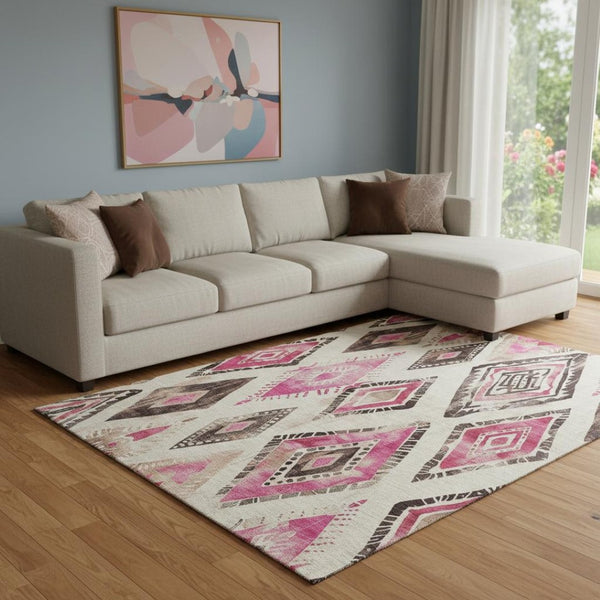 HomeRoots 8' X 10' Modern Pink and Ivory Geometric Washable Area Rug with UV Protection for Stylish Homes 706131