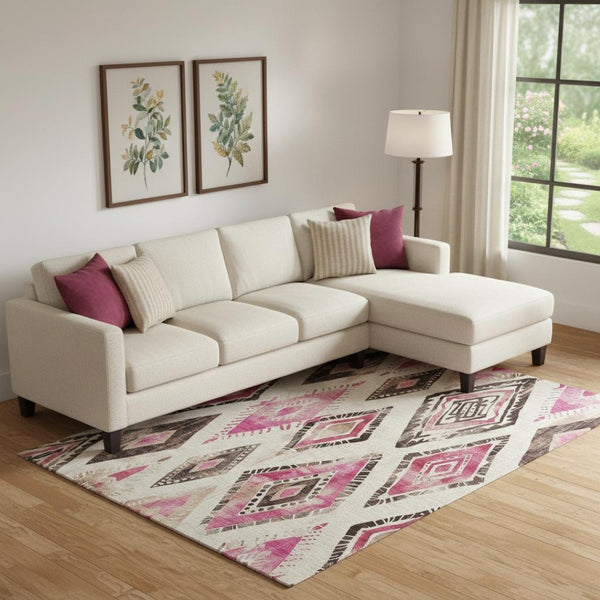HomeRoots 9' X 12' Stylish Linen Pink & Ivory Geometric Area Rug - Washable, UV Protected, Durable & Non-Slip! 706132