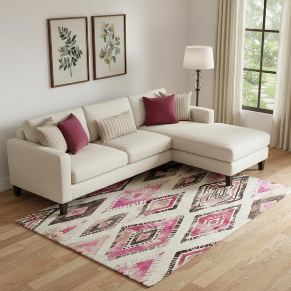 HomeRoots 10' X 14' Modern Linen Pink & Ivory Geometric Washable Area Rug with UV Protection for Homes 706133