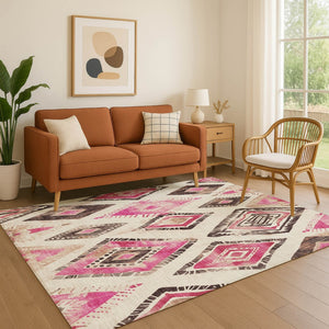 HomeRoots 10' X 14' Modern Linen Pink & Ivory Geometric Washable Area Rug with UV Protection for Homes 706133