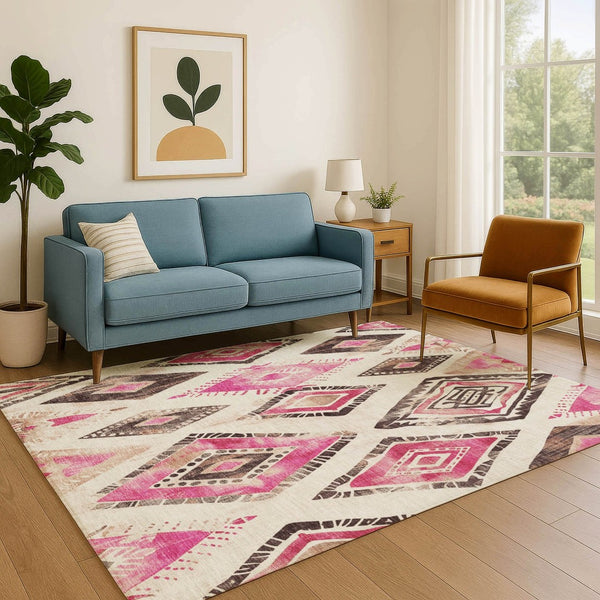 HomeRoots 10' X 14' Modern Linen Pink & Ivory Geometric Washable Area Rug with UV Protection for Homes 706133