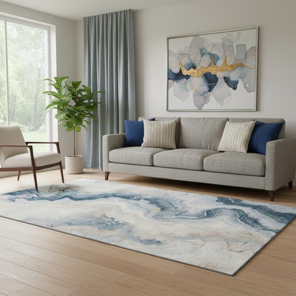 HomeRoots 5' X 8' Abstract Area Rug in Beige, Blue, and Ivory – Washable, UV-Protected, Stain-Resistant Design 706135