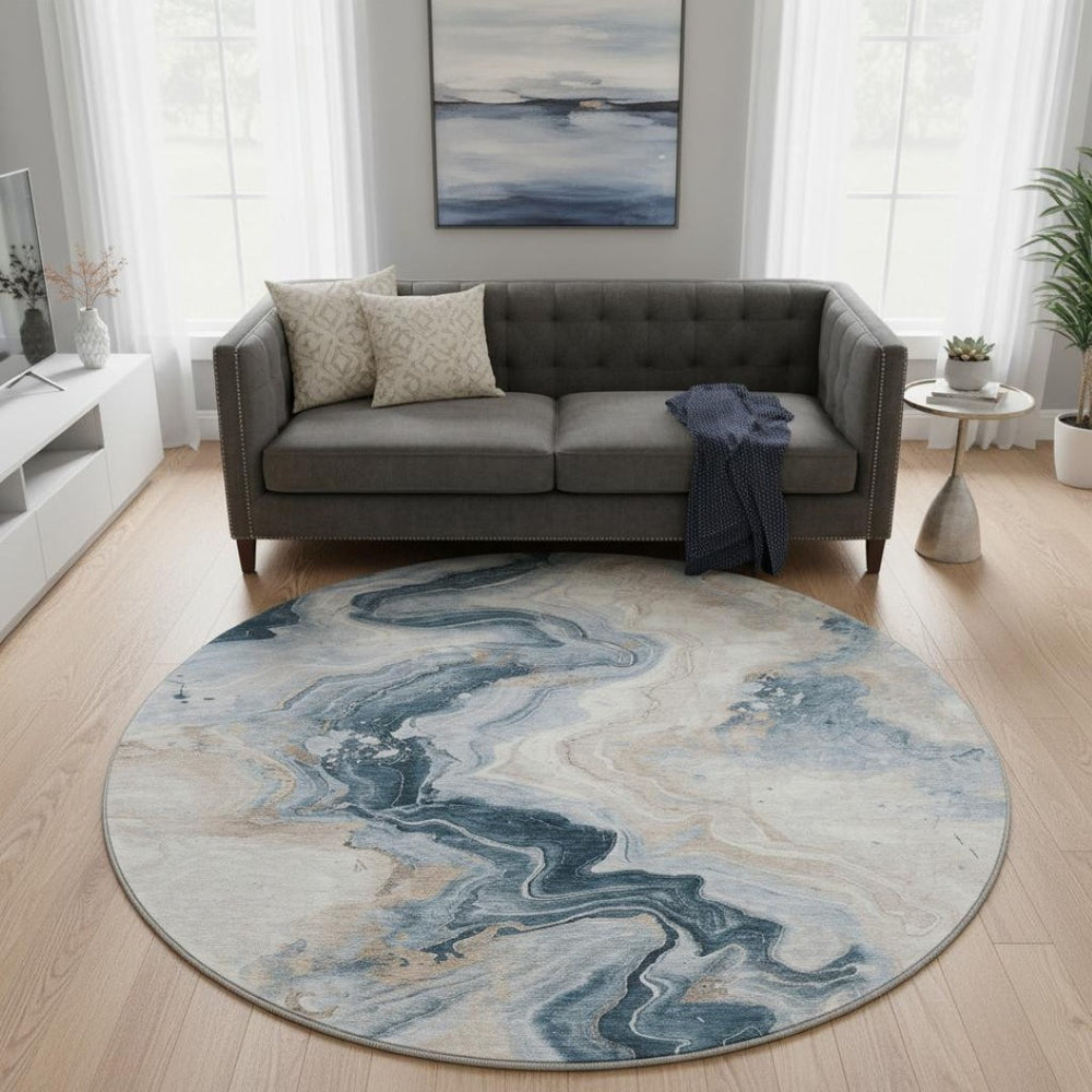 HomeRoots 8' Beige Blue Ivory Abstract Washable Round Rug - UV Protected, Soft, Durable, Perfect for Busy Homes 706136