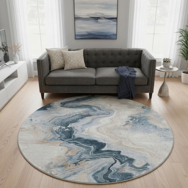 HomeRoots 8' Beige Blue Ivory Abstract Washable Round Rug - UV Protected, Soft, Durable, Perfect for Busy Homes 706136