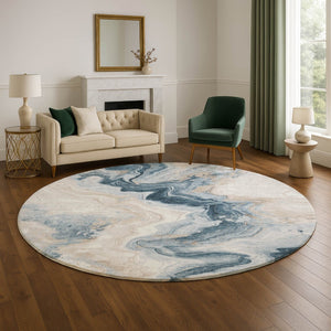 HomeRoots 8' Beige Blue Ivory Abstract Washable Round Rug - UV Protected, Soft, Durable, Perfect for Busy Homes 706136